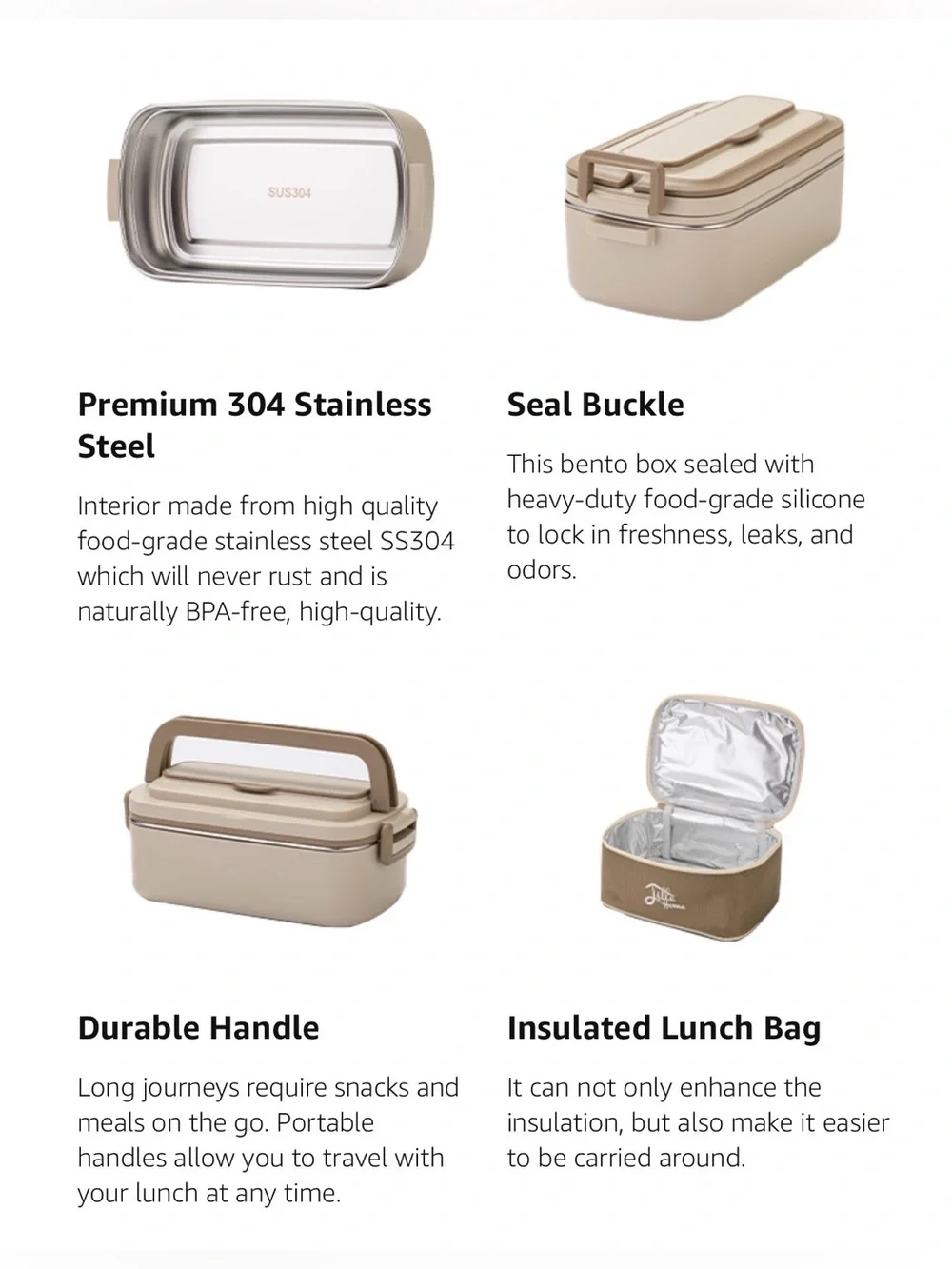 Little Home Brown - Beige Bento Lunch Box Set with Insulated Bag
